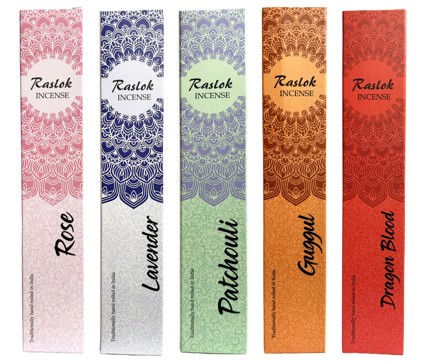Natural Incense Stick | Pack of 5, 15 gm Each | Handrolled in Bangalore, India (Lavender,Rose,DragonBlood,Patchouli,Guggul)