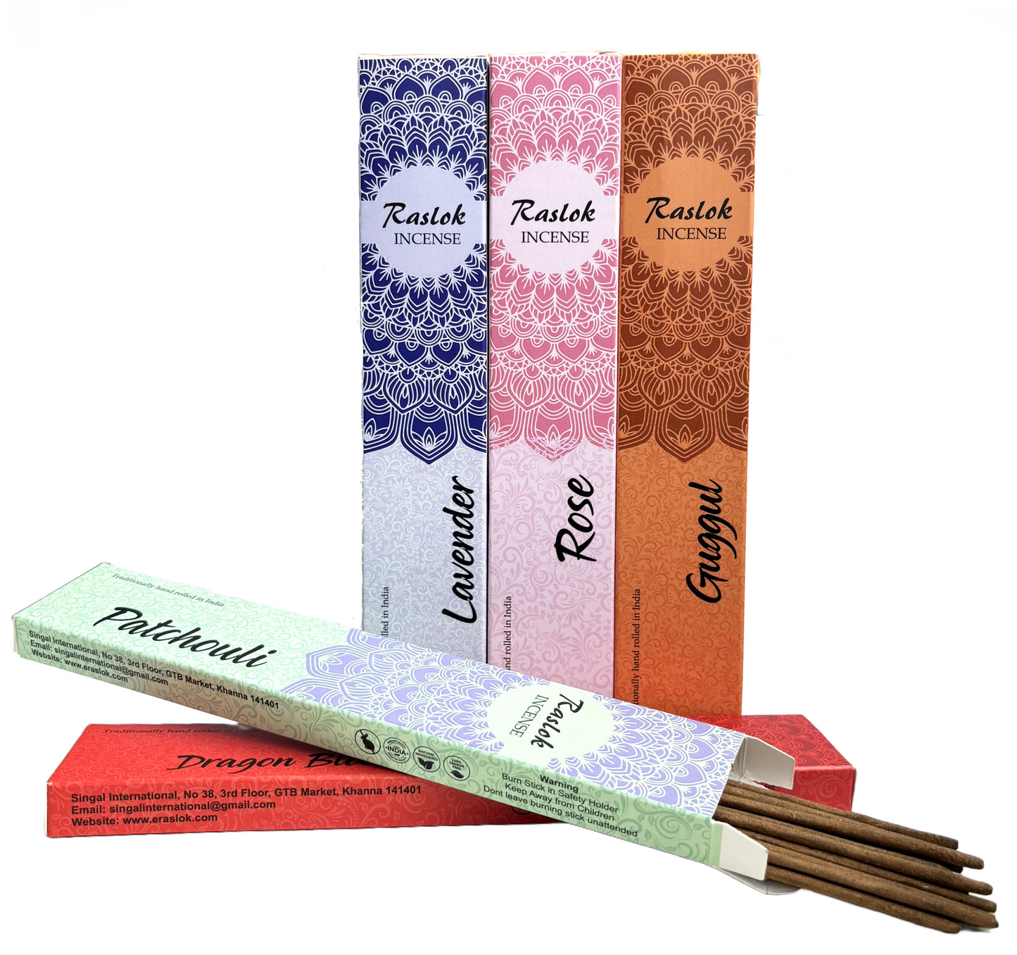 Natural Incense Stick | Pack of 5, 15 gm Each | Handrolled in Bangalore, India (Lavender,Rose,DragonBlood,Patchouli,Guggul)