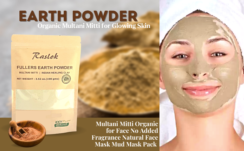Raslok 100% Pure Fullers Earth Powder | Multani Mitti Organic | Natural Face Mask Mud Mask Pack (3.52 oz.)
