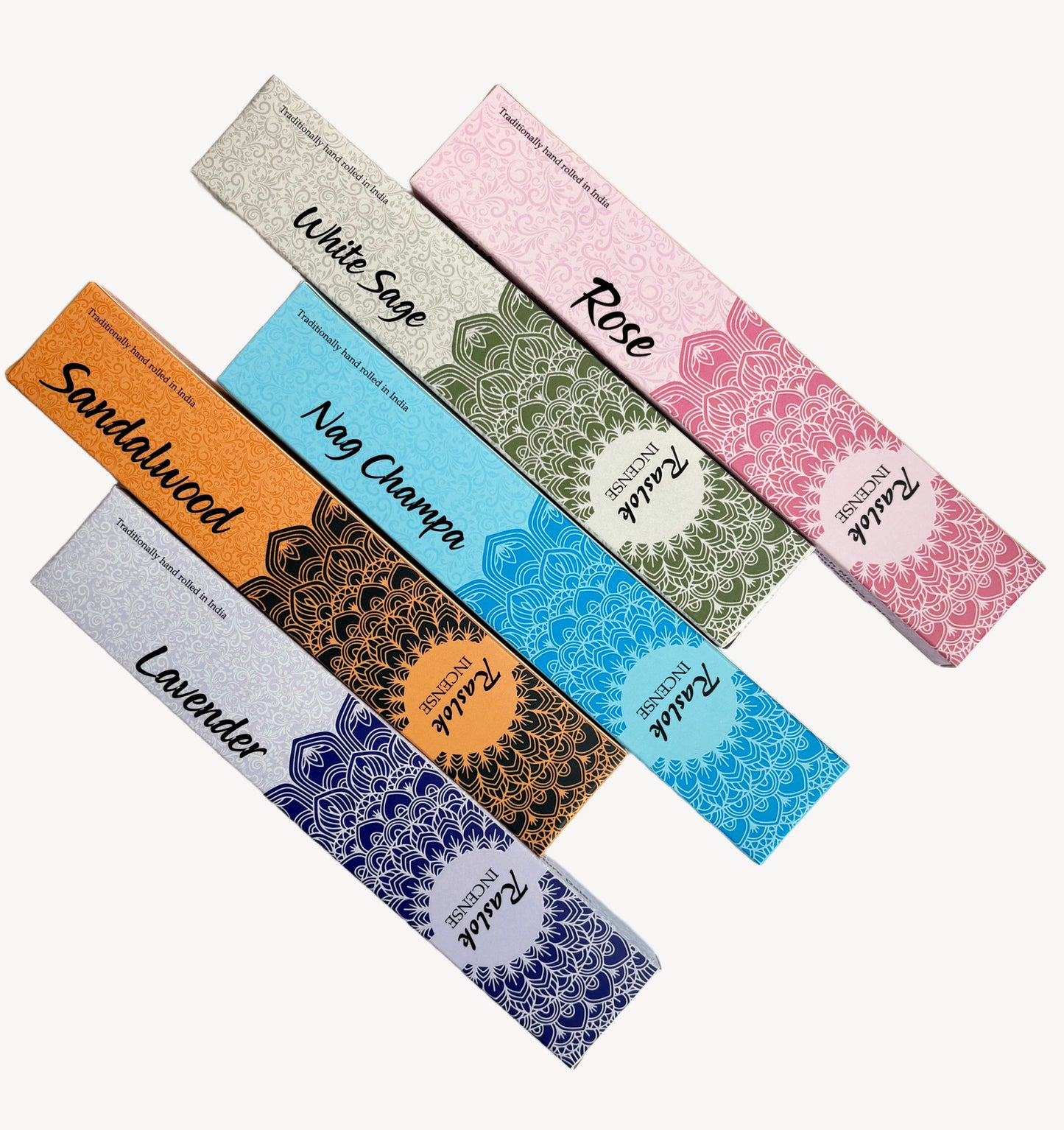 Natural Incense Stick | Pack of 5, 15 gm Each | Handrolled in Bangalore, India (Lavender, White Sage, Nag Champa, Sandal Wood, Rose)