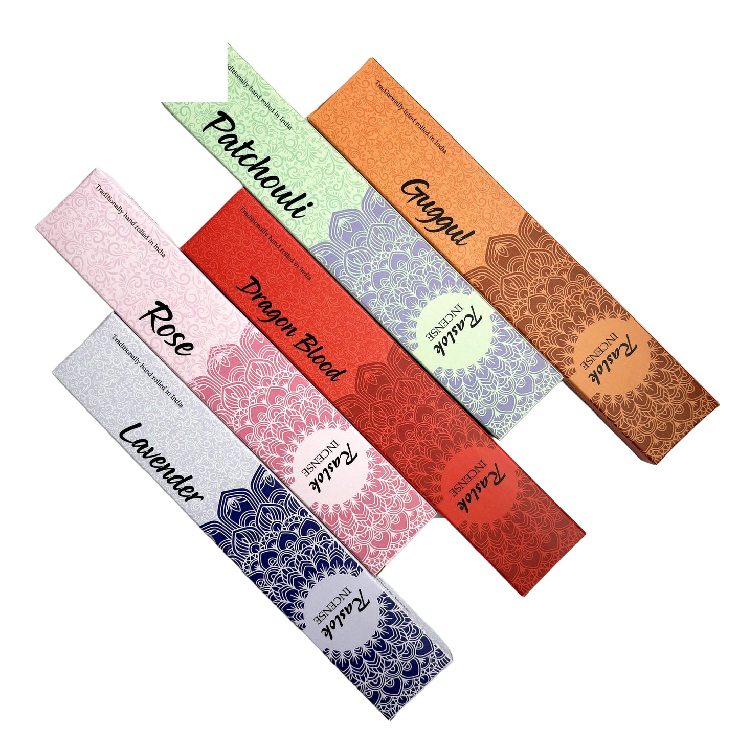 Natural Incense Stick | Pack of 5, 15 gm Each | Handrolled in Bangalore, India (Lavender,Rose,DragonBlood,Patchouli,Guggul)