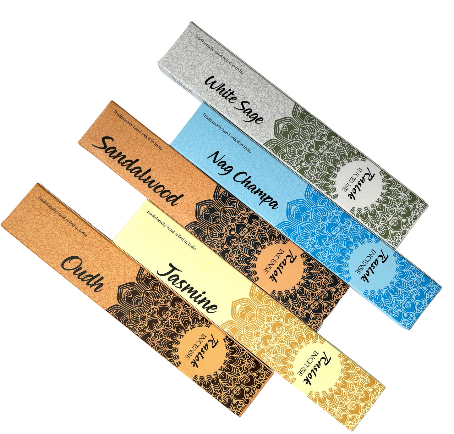 Natural Incense Stick | Pack of 5, 15 gm Each | Handrolled in Bangalore, India (Sandal Wood, Oudh, White Sage, Nagchampa, Jasmin)
