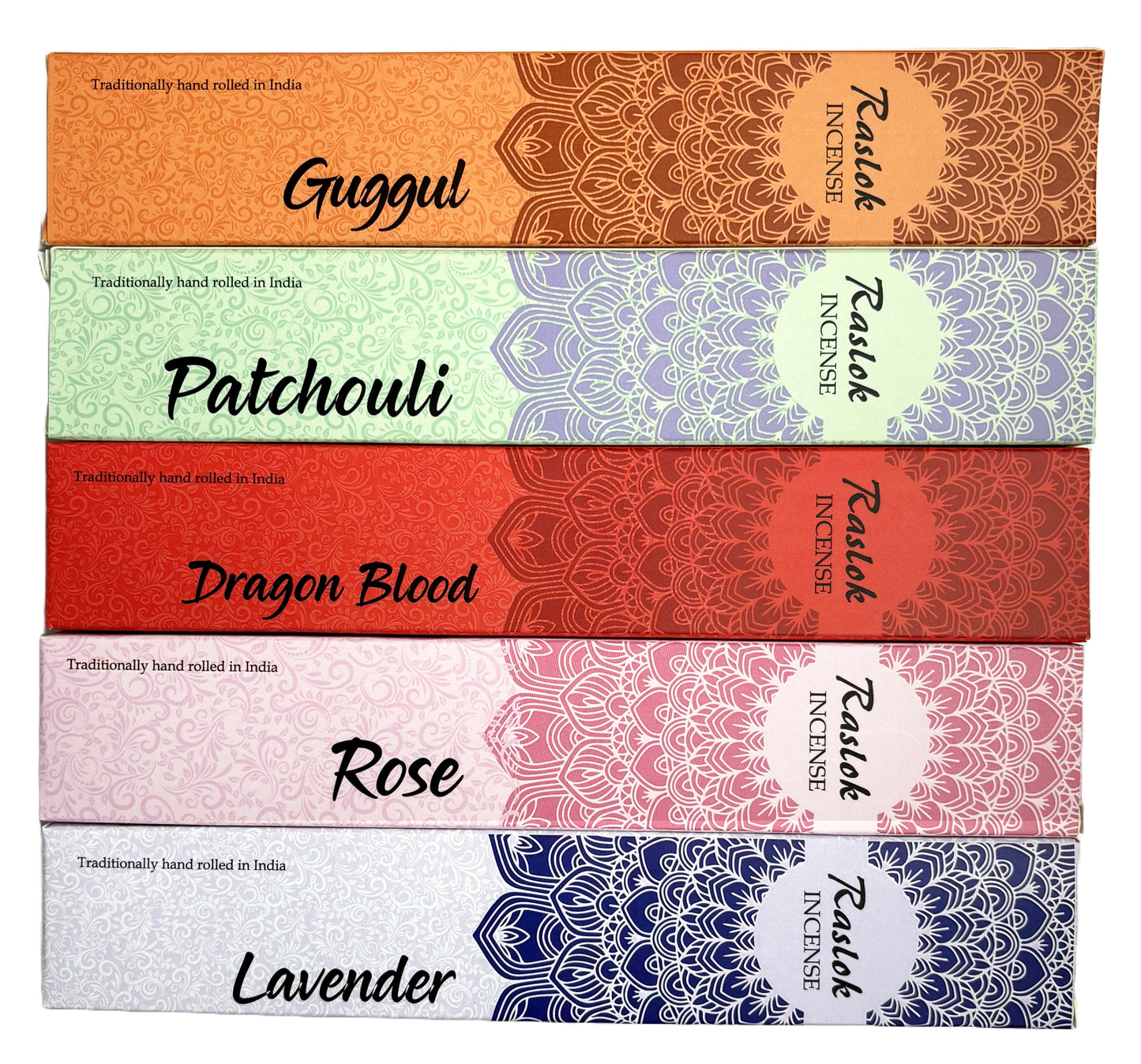 Natural Incense Stick | Pack of 5, 15 gm Each | Handrolled in Bangalore, India (Lavender,Rose,DragonBlood,Patchouli,Guggul)