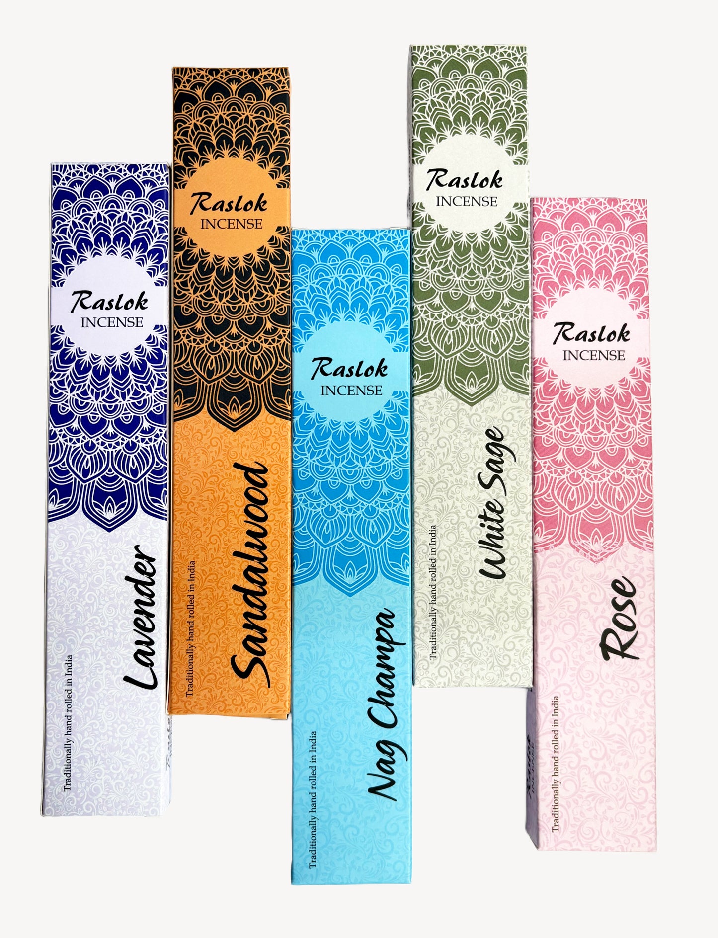 Natural Incense Stick | Pack of 5, 15 gm Each | Handrolled in Bangalore, India (Lavender, White Sage, Nag Champa, Sandal Wood, Rose)