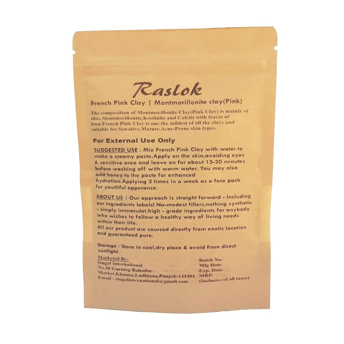 Raslok French Pink Clay 100g | 3.52 oz. | Montmorrillonite Pink Clay (French Rose Clay) | Mild Hydrating Clay suitable for Sensitive,Matured & Acne-Prone Skin