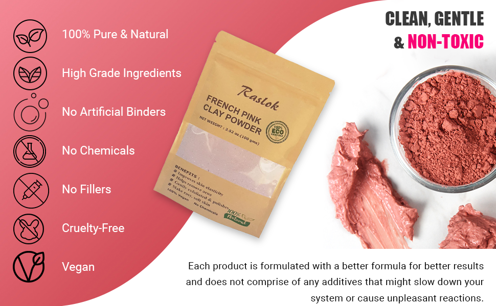 Raslok French Pink Clay 100g | 3.52 oz. | Montmorrillonite Pink Clay (French Rose Clay) | Mild Hydrating Clay suitable for Sensitive,Matured & Acne-Prone Skin