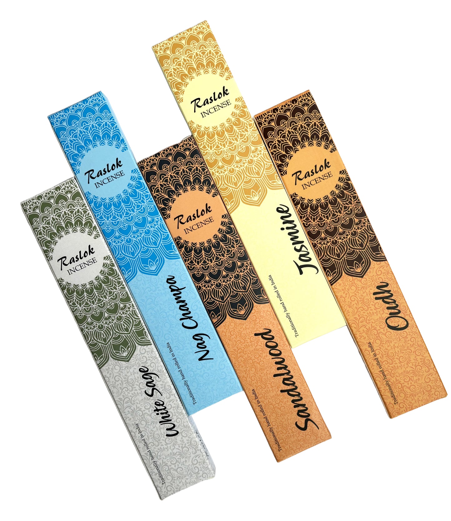 Natural Incense Stick | Pack of 5, 15 gm Each | Handrolled in Bangalore, India (Sandal Wood, Oudh, White Sage, Nagchampa, Jasmin)