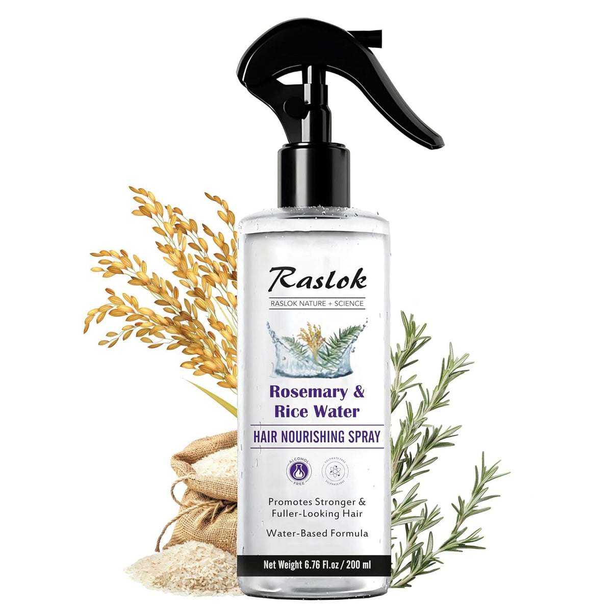 Raslok Nature+Science Rosemary & Rice Water Hair Spray | Made with 100% Natural Extracts | Lightweight, Non-Greasy Formula | For Softer, Smoother-Looking Hair | 6.76 fl oz / 200 ml