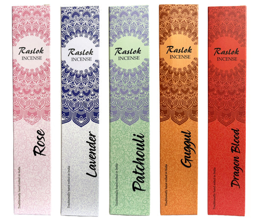 Natural Incense Stick | Pack of 5, 15 gm Each | Handrolled in Bangalore, India (Lavender,Rose,DragonBlood,Patchouli,Guggul)