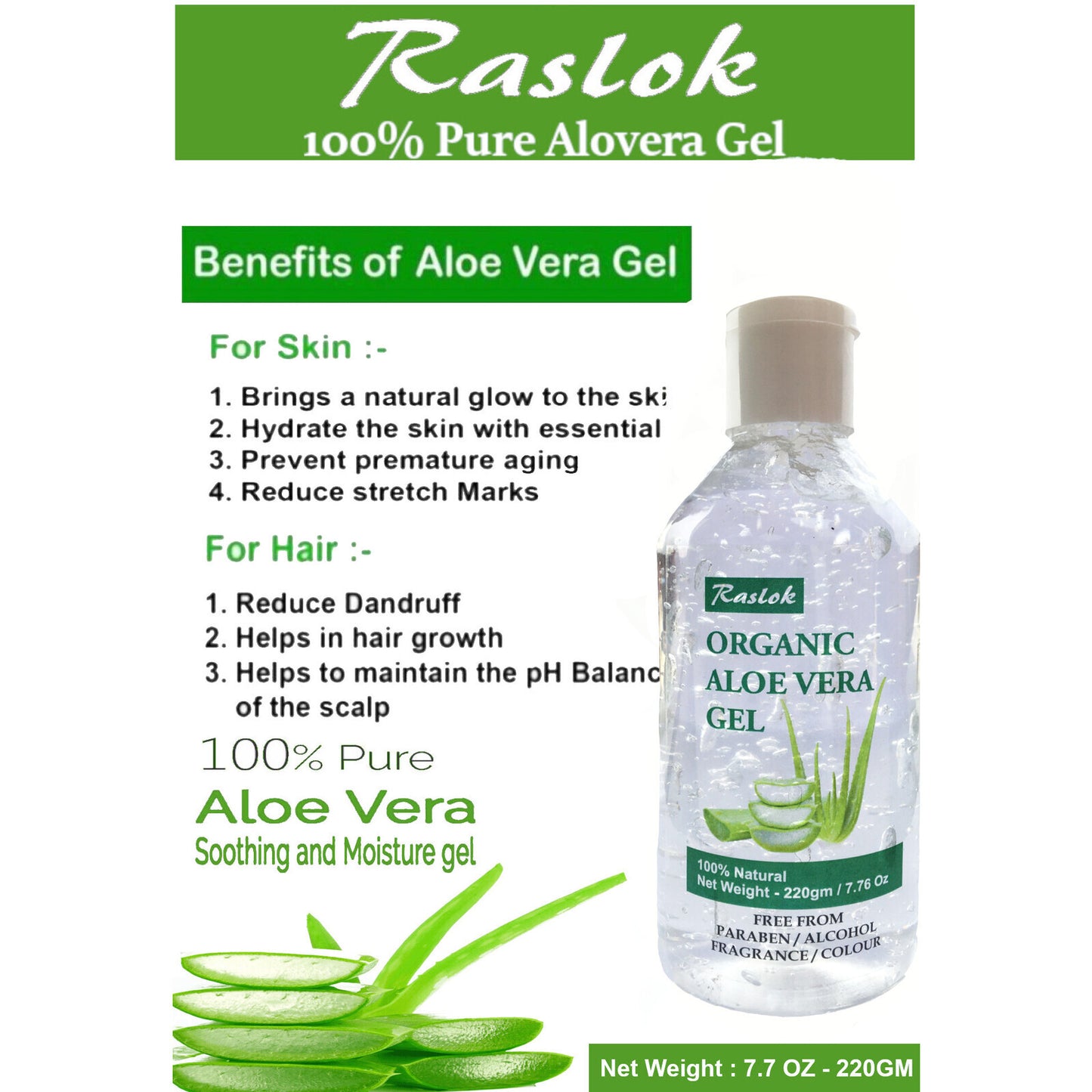 Raslok Aloe Vera Gel | 100% Pure Organic Natural Aloe Gel For Moisturizing Face Skin & Hair Care (7.76 OZ)