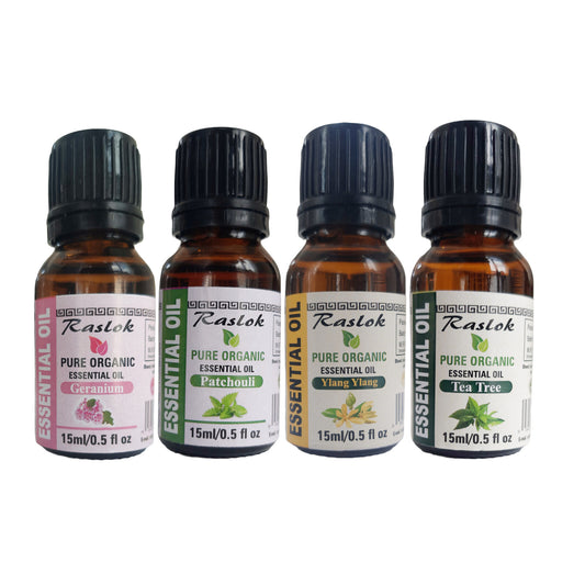 Raslok Essential Oil 100% Pure & Natural Oil Pack of 4 | 15ml - 0.5 fl.oz (Geranium,Patchouli,Ylang-Ylang,Tea Tree) …
