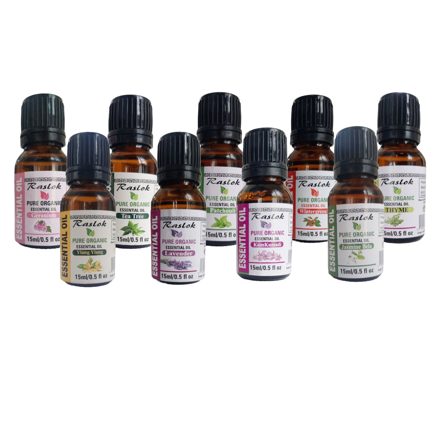 Raslok Essential Oil 100% Pure & Natural Oil Pack of 9 | 15ml - 0.5 fl.oz (Lavendar,Kumkumadi,Wintergreen,Jasmine Bela,Geranium,Patchouli,Ylang-Ylang,Tea Tree,Thyme)