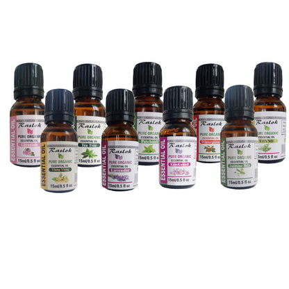 Raslok Essential Oil 100% Pure & Natural Oil Pack of 9 | 15ml - 0.5 fl.oz (Lavendar,Kumkumadi,Wintergreen,Jasmine Bela,Geranium,Patchouli,Ylang-Ylang,Tea Tree,Thyme)