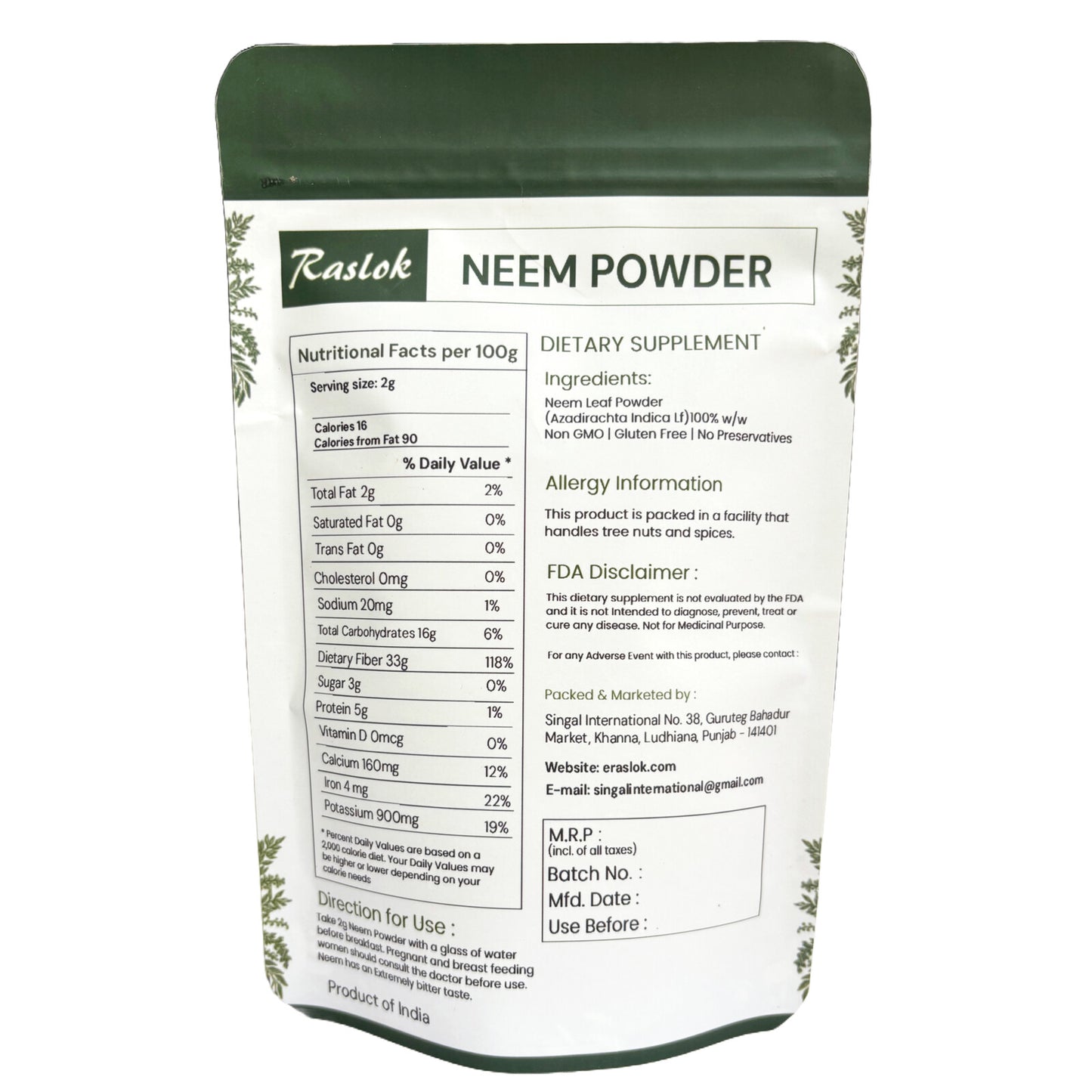 Neem Powder |100% Pure and Natural Neem Powder | Very Bitter Neem Supplement for Skin,Hair and Detox